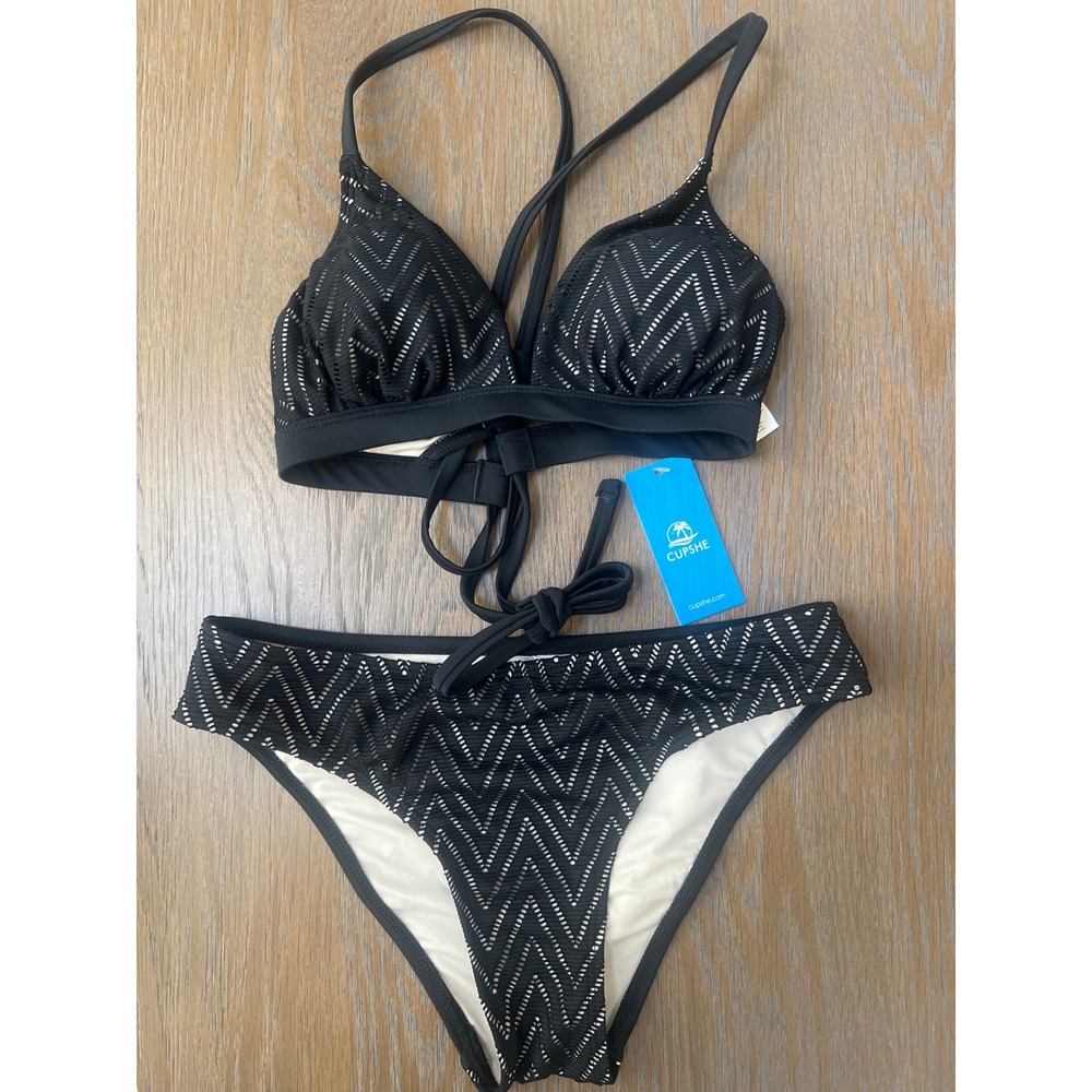 Cupshe Black Chevron Crochet Mesh Bikini Set XS